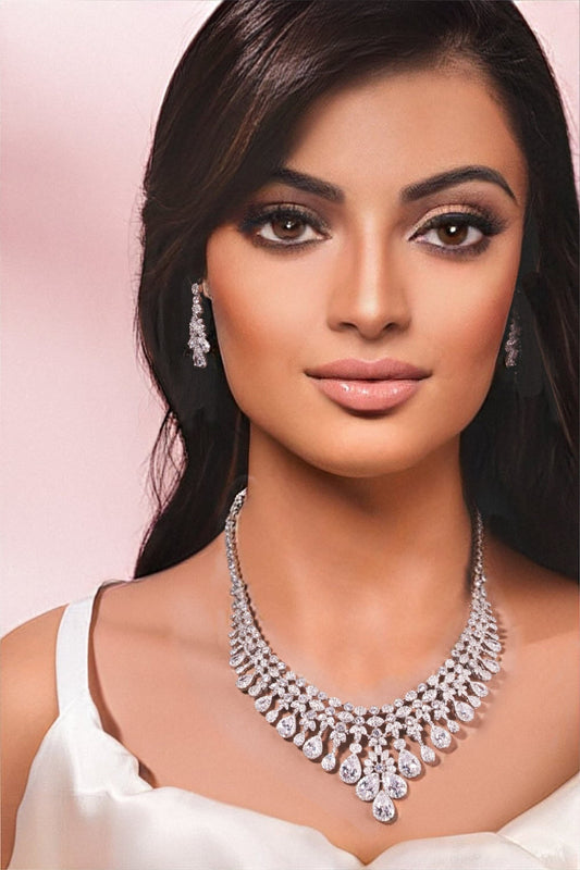Luxury wedding jewelry cz bridal necklace set silver jewelry set