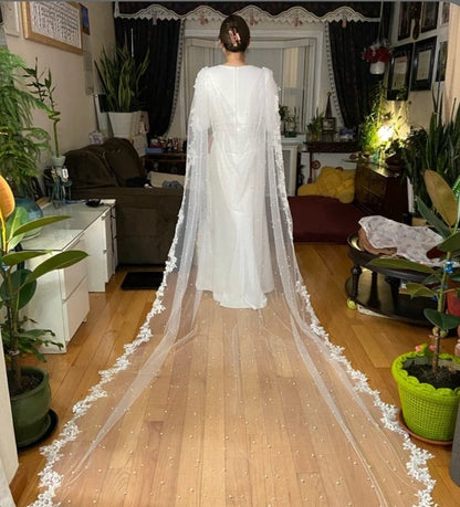 Pearl veil cape veil pearl wedding veil cathedral pearl veil Bridal veil white veil long cathedral veil wedding veil ivory veil with pearls