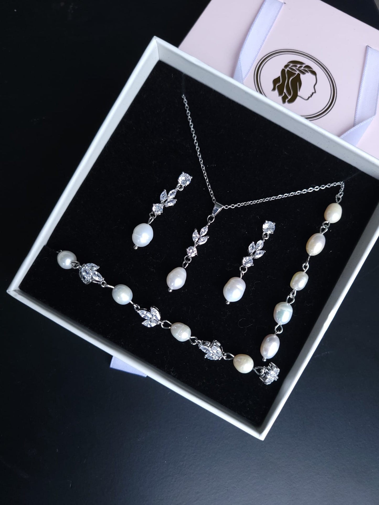 Freshwater pearl jewelry set with Backchain bridal pearl necklace set freshwater pearl wedding jewelry necklace with pearl back chain