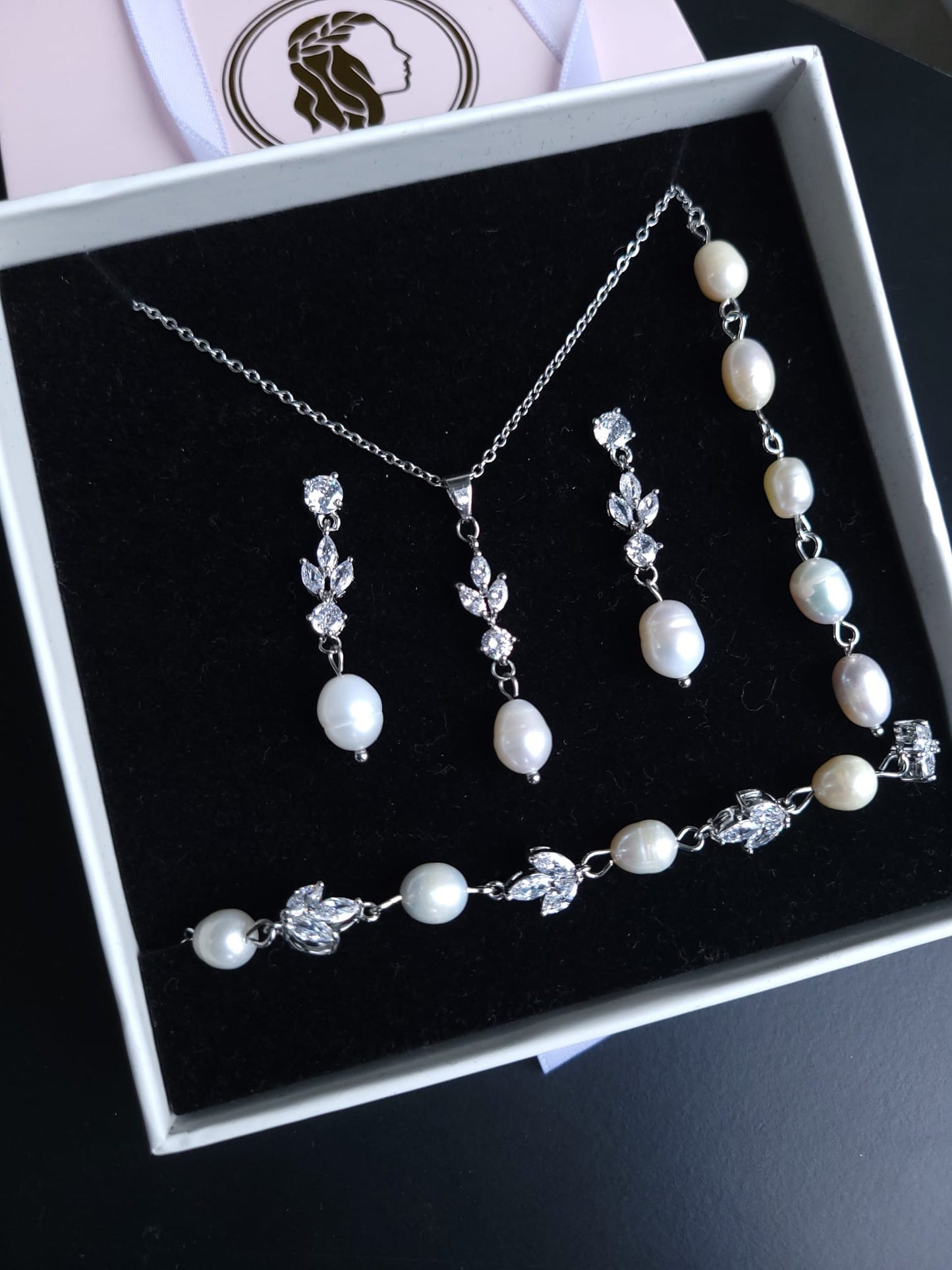 Freshwater pearl jewelry set with Backchain bridal pearl necklace set freshwater pearl wedding jewelry necklace with pearl back chain