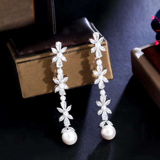 Long bridal earrings Long floral earrings with pearls wedding earrings flower earrings