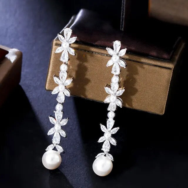 Long bridal earrings Long floral earrings with pearls wedding earrings flower earrings