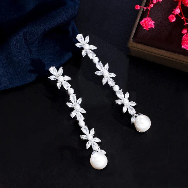 Long bridal earrings Long floral earrings with pearls wedding earrings flower earrings