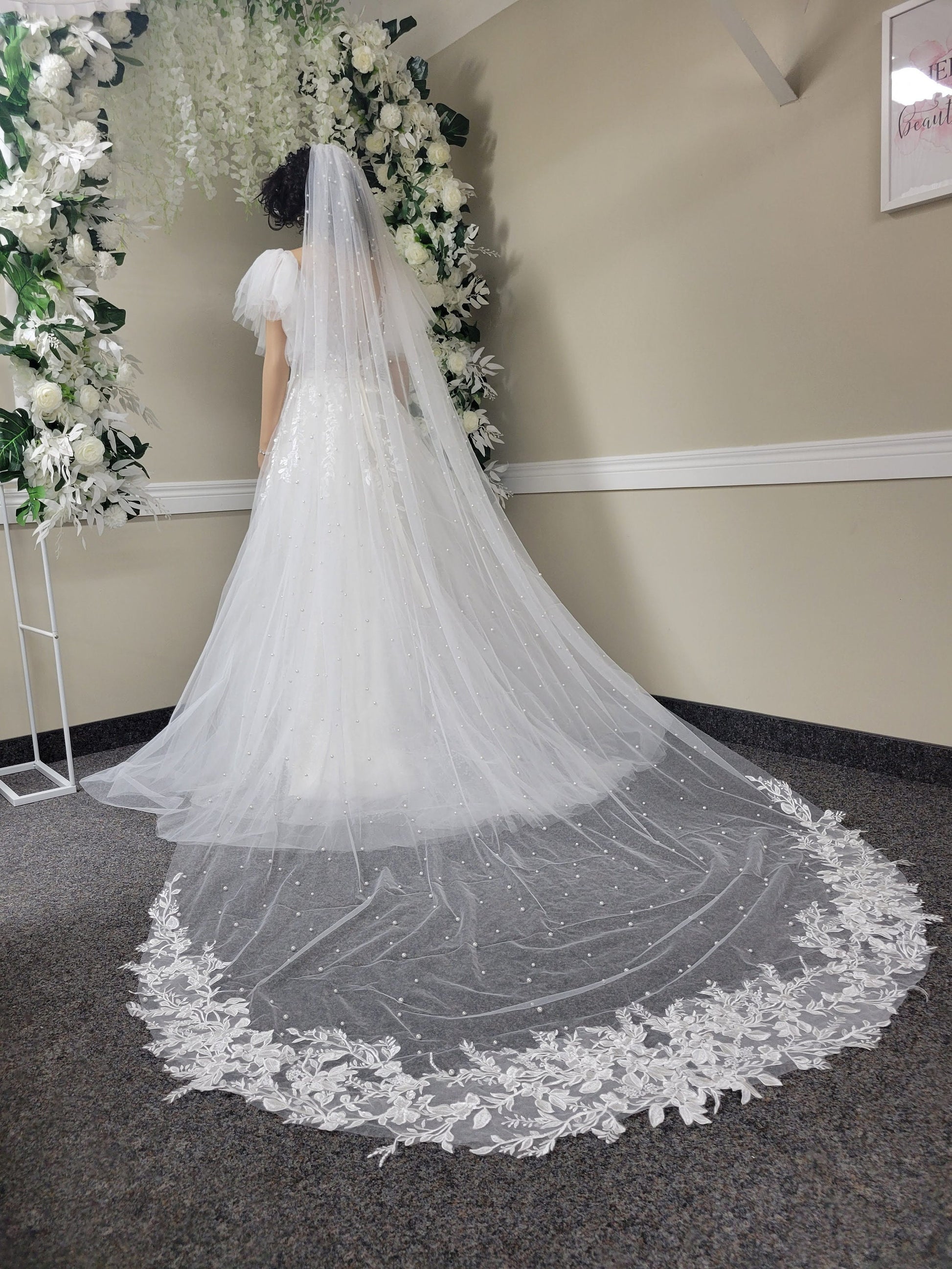 Cathedral veil floral veil with pearls ivory Cathedral veil wedding veil with pearls veil