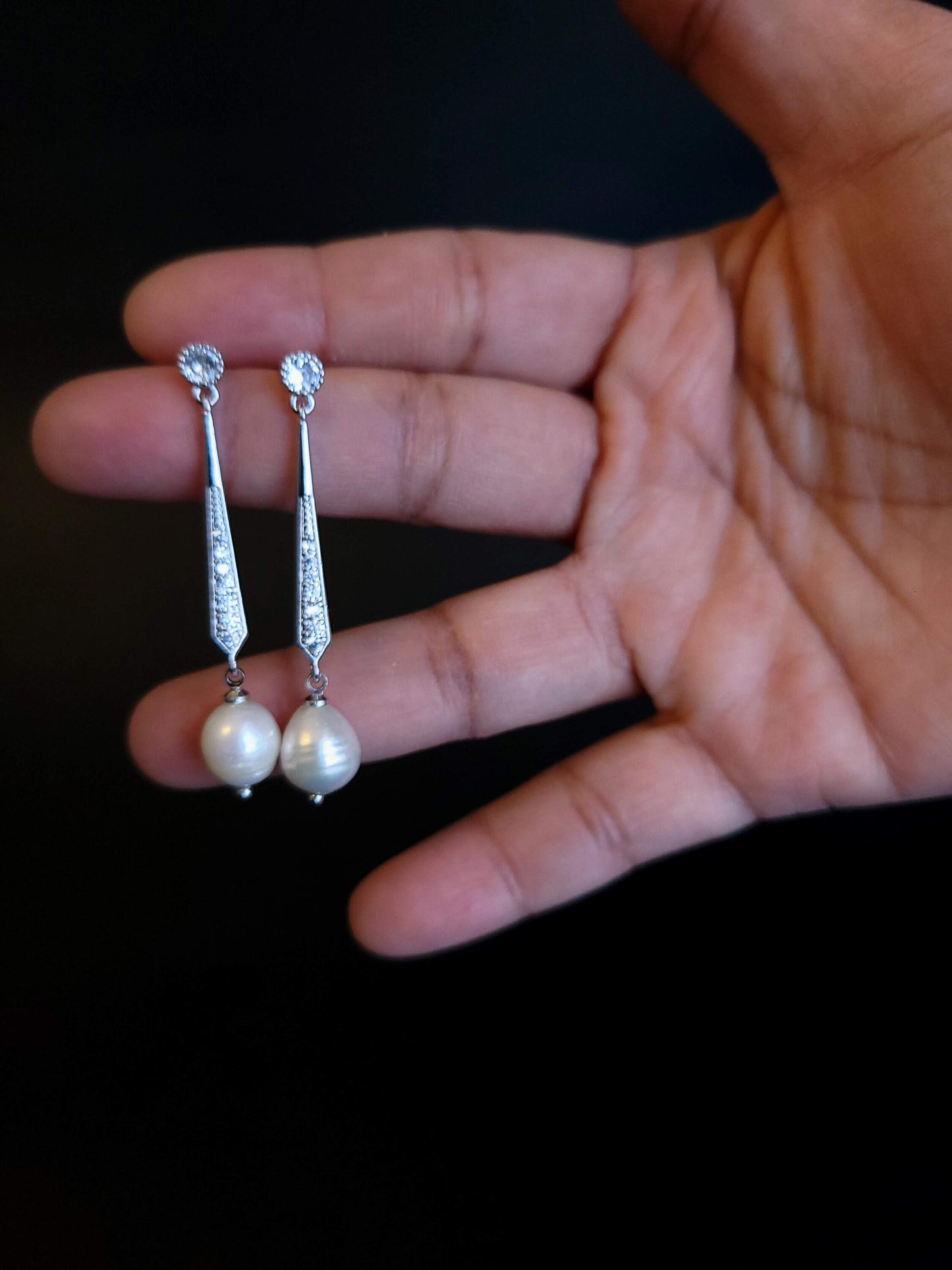 Dainty pearl earring Wedding Earrings dainty vintage earrings long bridal earrings pearl Zirconia Earrings for Brides, Women Earrings Pearls