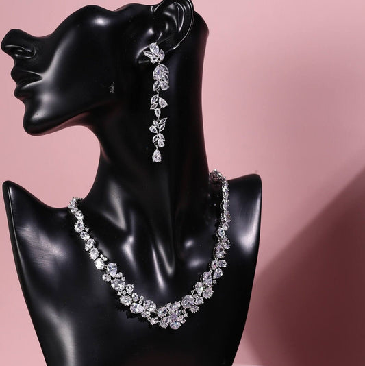 Silver necklace Bridal necklace wedding necklace Bridal jewelry Back jewelry Wedding Jewellery Wedding jewelry set extra long earrings