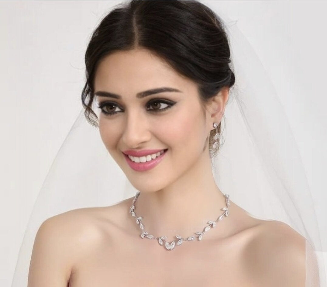 Bridal Jewelry Set leaf cluster Cubic Zirconia Crystal Jewellery set Wedding bridal necklace and earrings