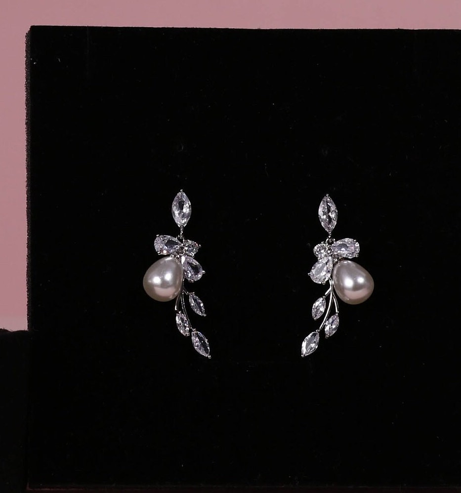 pearl stud earrings baroque dainty bridal earrings crystal drop earrings cz and pearl earrings