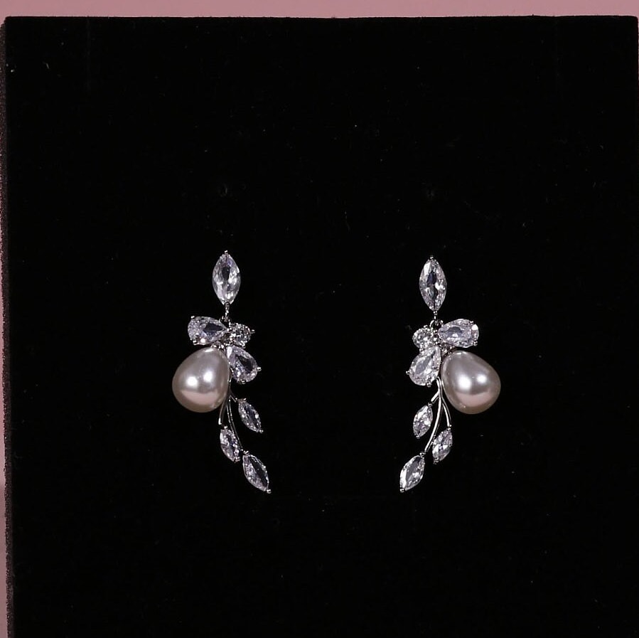 pearl stud earrings baroque dainty bridal earrings crystal drop earrings cz and pearl earrings