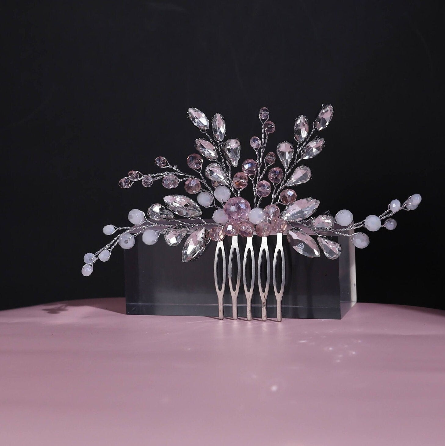 Pink bridal hair comb pink and silver crystal hair comb wedding comb pearl hairpiece wedding hair accessories