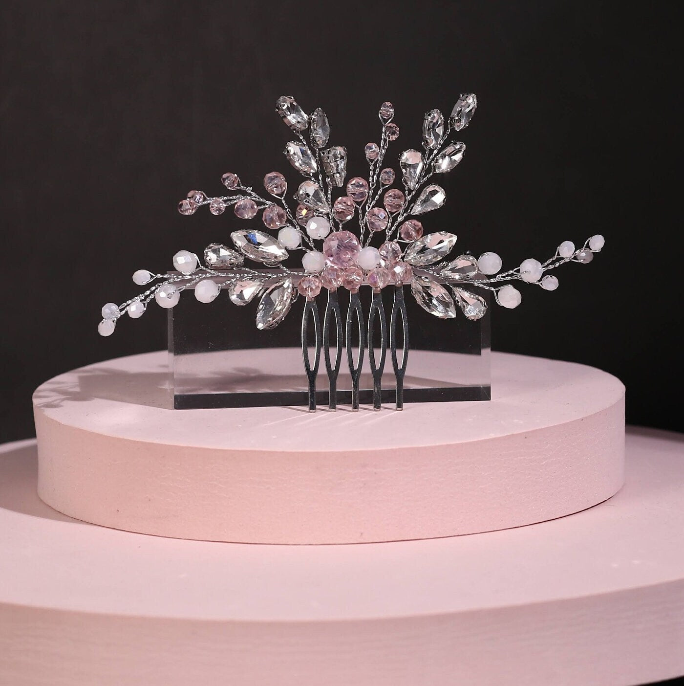 Pink bridal hair comb pink and silver crystal hair comb wedding comb pearl hairpiece wedding hair accessories