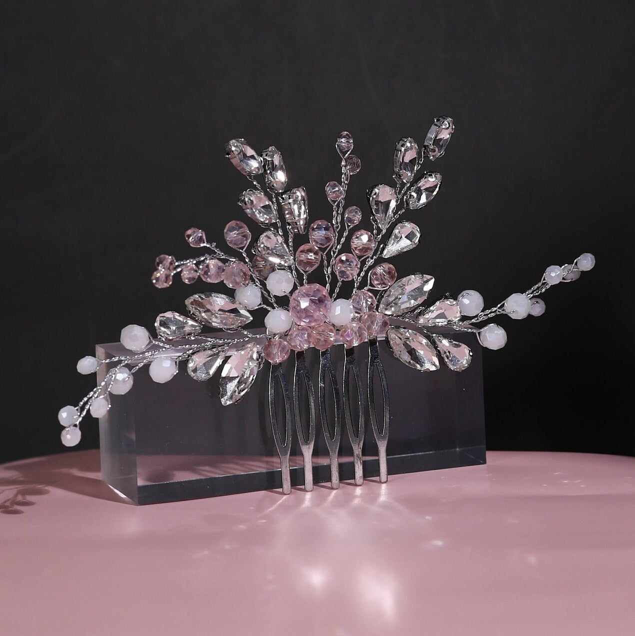 Pink bridal hair comb pink and silver crystal hair comb wedding comb pearl hairpiece wedding hair accessories