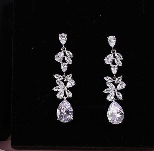 Teardrop bridal earrings Silver long dangle drop BRIDAL JEWELRY SET Zirconia Bridal Earrings bracelet