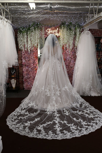 Veil cathedral veil statement wedding veil luxury lace veil church wedding veil lace border veil long lace veil with Comb 1 tier veil