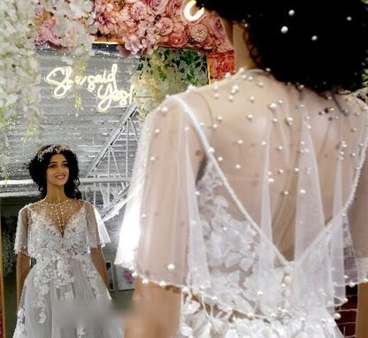 Pearl Elegance Bridal Cape Unique Bolero Shawl with Varied Sizes and Pearl Pin Closure Versatile Bolero Cape bridal wraps