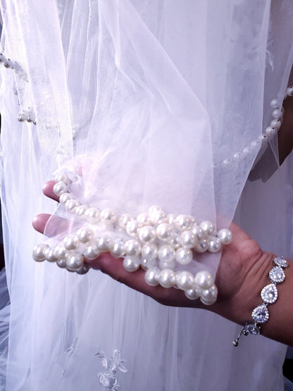 pearl edge veil unique fingertip veil with pearls bridal veil wedding pearl edged veil