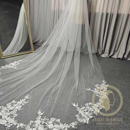 Long veil cathedral wedding veil with lace ivory wedding veil