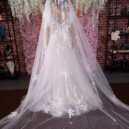 Lace veil pearl veil cathedral veil extra wide pearl veil luxury veil elegant pearl veil ivory veil with 3d flowers