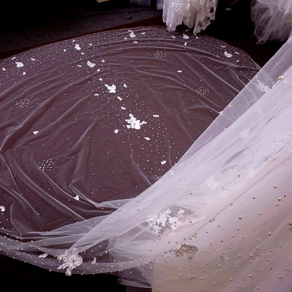 Lace veil pearl veil cathedral veil extra wide pearl veil luxury veil elegant pearl veil ivory veil with 3d flowers