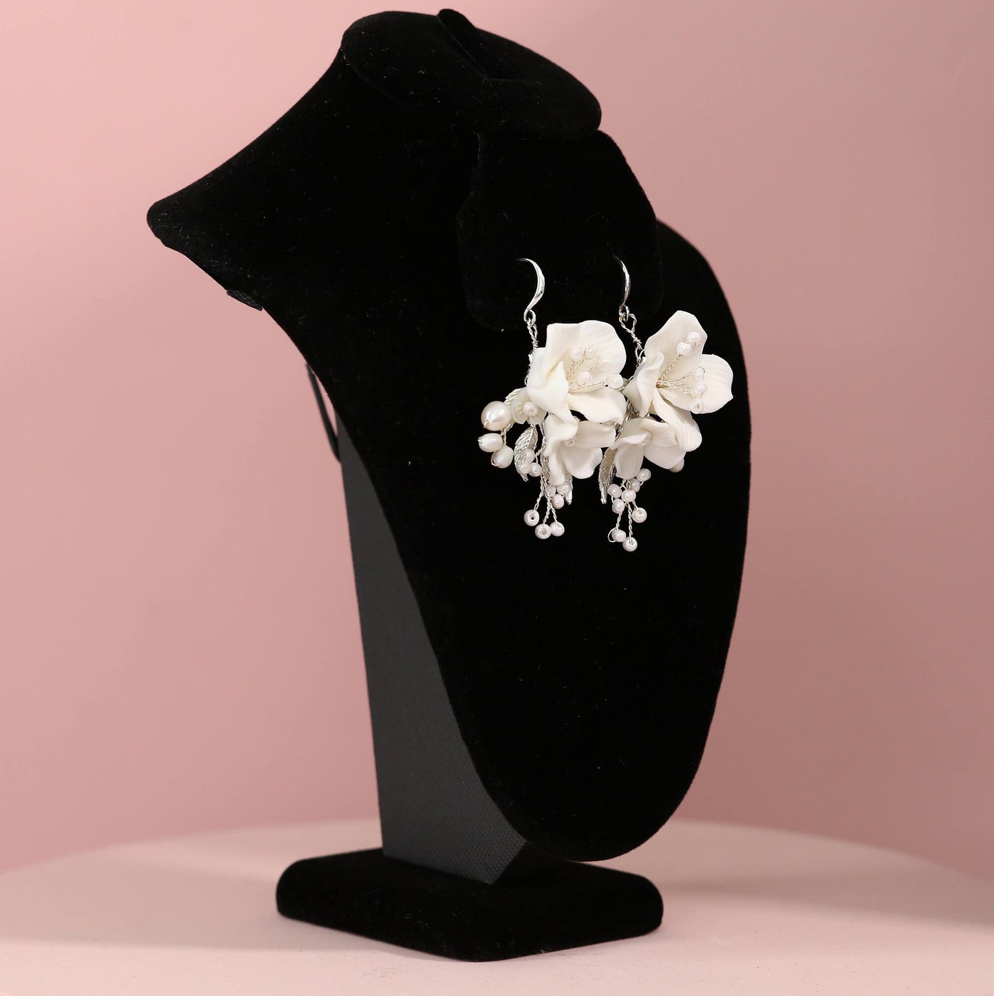 Ceramic flower earrings floral wedding earrings pearl earrings