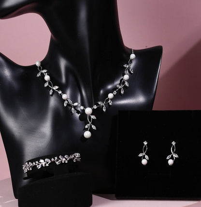 Pearl wedding necklace CZ crystal and pearl bridal necklace set zirconia wedding jewelry set with pearls