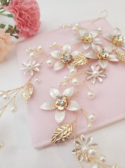 Silver floral hair vine floral bridal hair vine floral wedding hairpiece