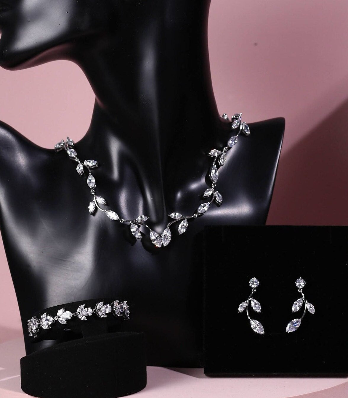 Bridal Jewelry Set leaf cluster Cubic Zirconia Crystal Jewellery set Wedding bridal necklace and earrings