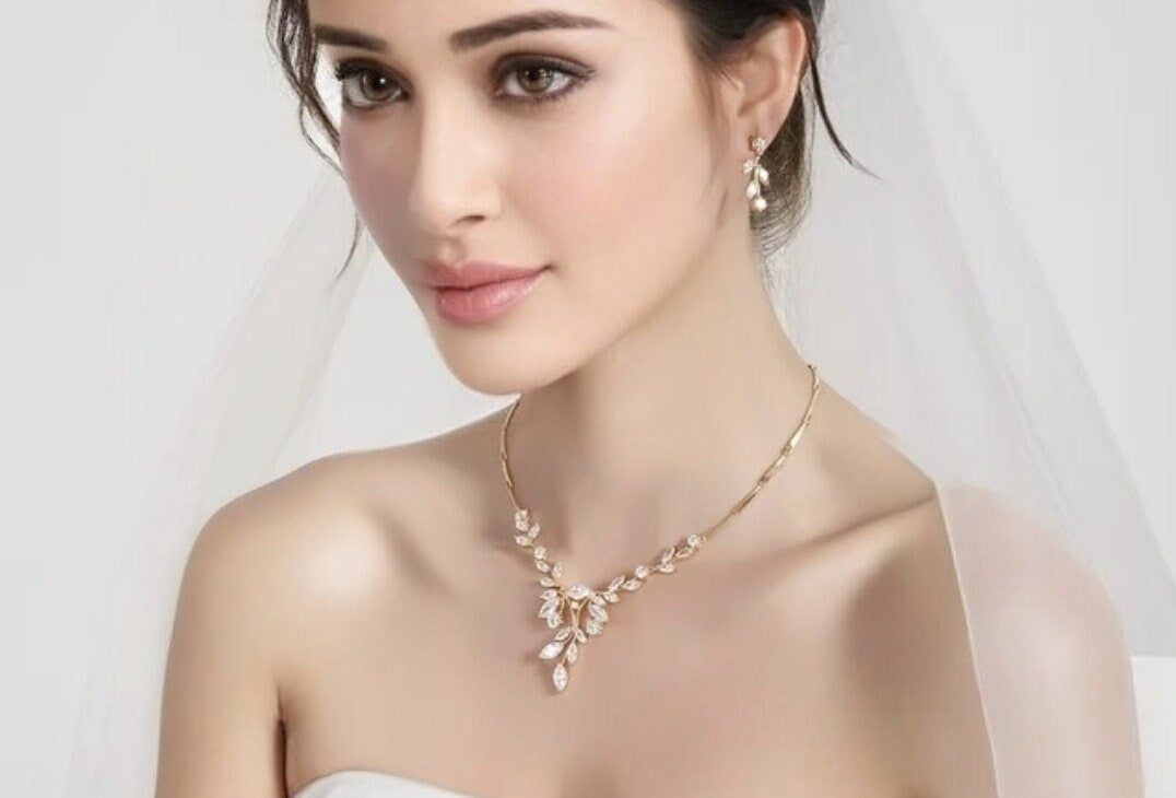 Bridal Necklace Long dainty bridal earrings set Zirconia jewelry wedding jewelry brides statement bridal necklace earrings bridal jewelry