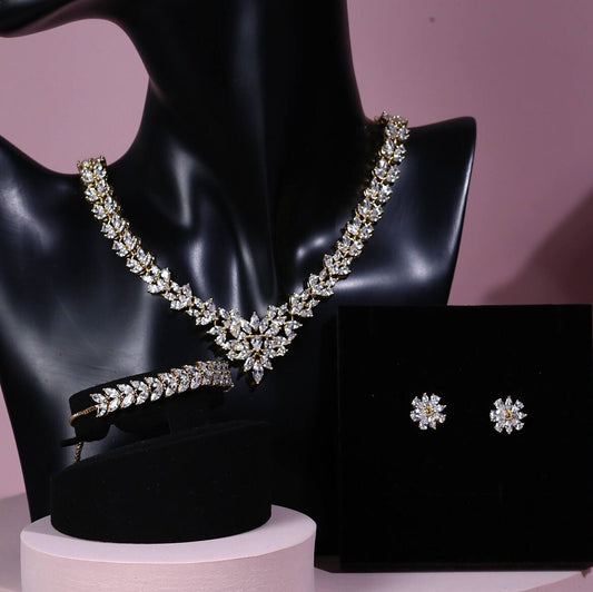 Cubic Zirconia Leaves necklace Diamond Earrings and Necklace set Bridal Jewelry,