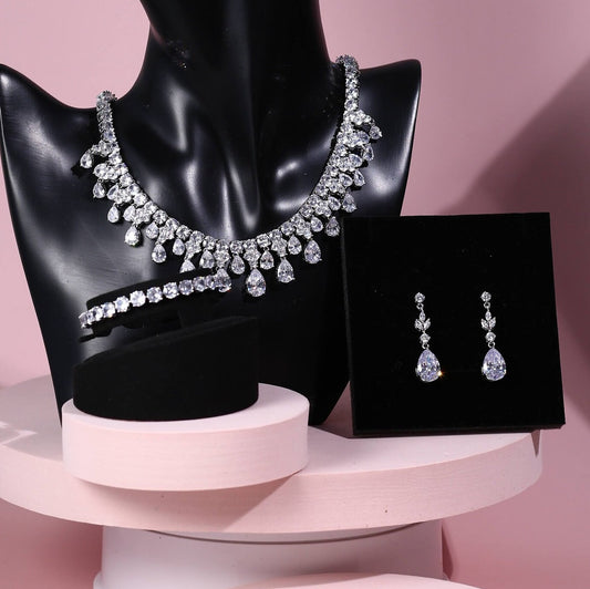 Luxury Bridal Necklace silver crystal wedding necklace CZ jewelry wedding jewelry brides statement bridal necklace anniversary gift set