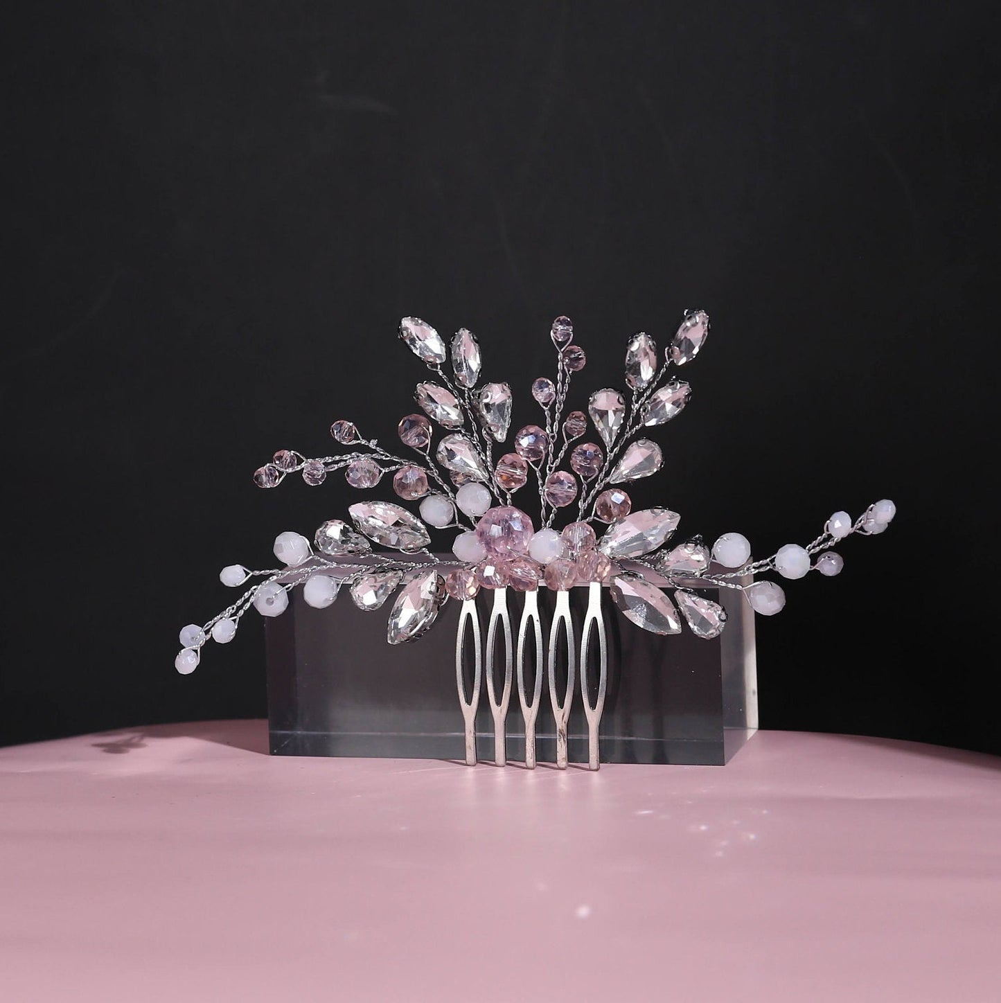 Pink bridal hair comb pink and silver crystal hair comb wedding comb pearl hairpiece wedding hair accessories