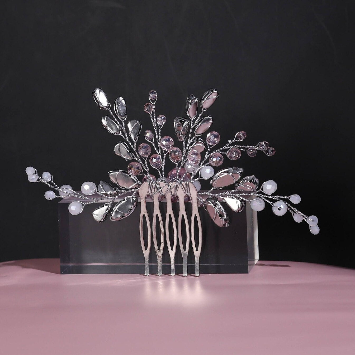 Pink bridal hair comb pink and silver crystal hair comb wedding comb pearl hairpiece wedding hair accessories