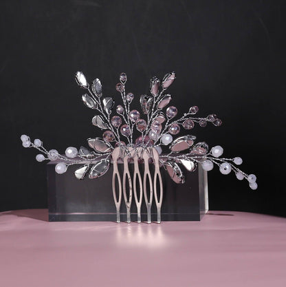 Pink bridal hair comb pink and silver crystal hair comb wedding comb pearl hairpiece wedding hair accessories