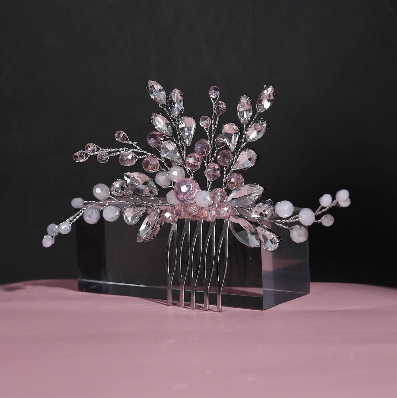 Pink bridal hair comb pink and silver crystal hair comb wedding comb pearl hairpiece wedding hair accessories