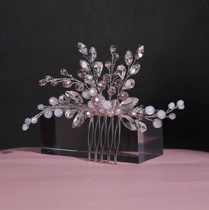 Pink bridal hair comb pink and silver crystal hair comb wedding comb pearl hairpiece wedding hair accessories