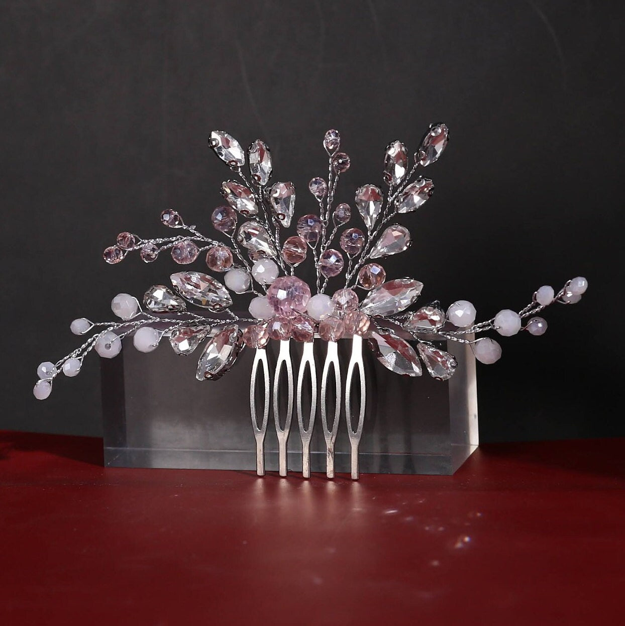 Pink bridal hair comb pink and silver crystal hair comb wedding comb pearl hairpiece wedding hair accessories