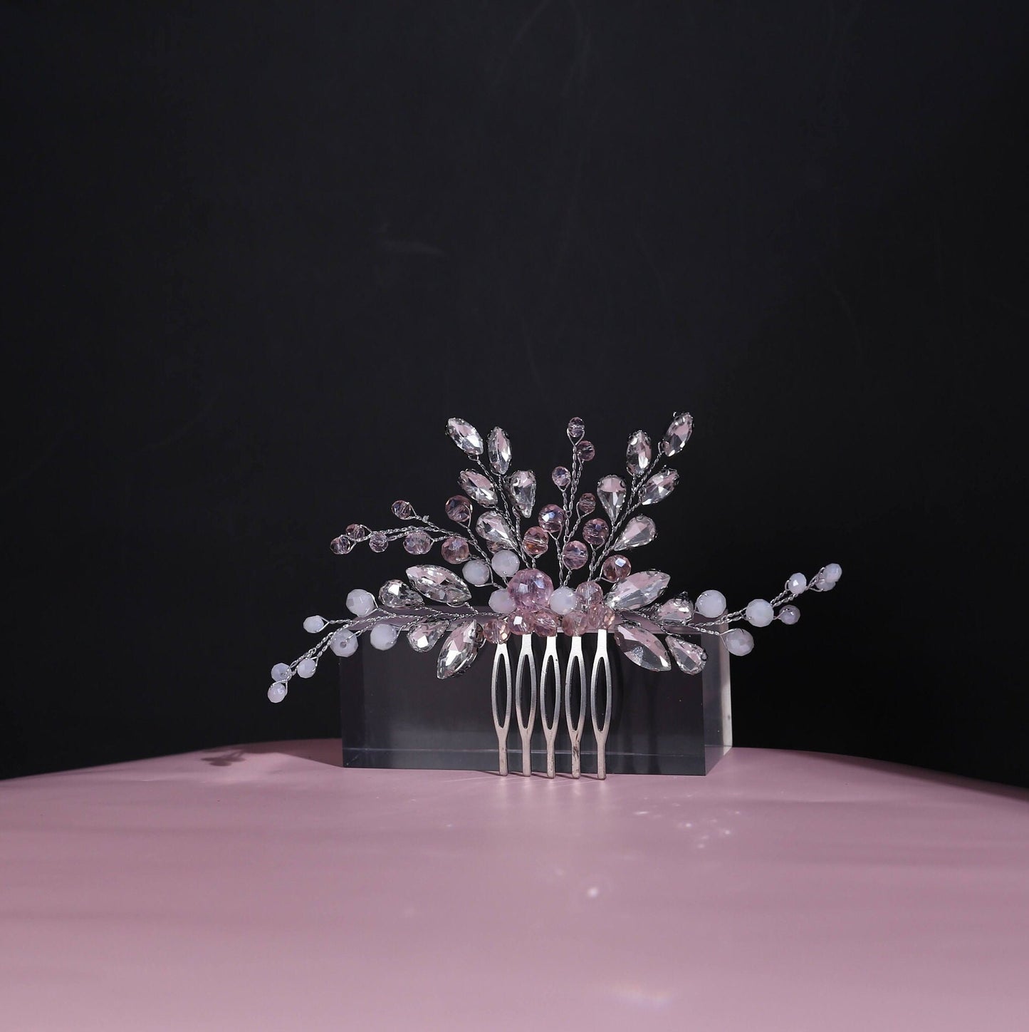 Pink bridal hair comb pink and silver crystal hair comb wedding comb pearl hairpiece wedding hair accessories