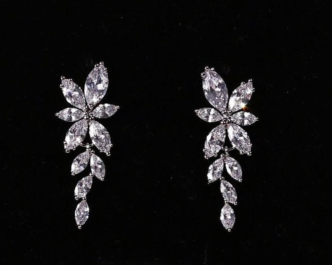 Silver earrings leaf cluster earrings crystal earrings bridal earrings drop earrings leaf shaped earrings for wedding earrings