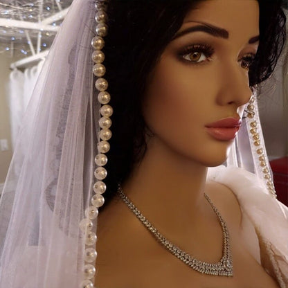 pearl edge veil unique fingertip veil with pearls bridal veil wedding pearl edged veil