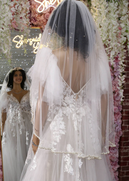 pearl edge veil unique fingertip veil with pearls bridal veil wedding pearl edged veil