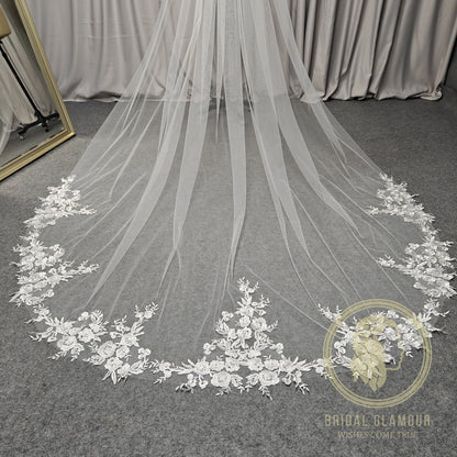 Long veil cathedral wedding veil with lace ivory wedding veil