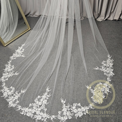 Long veil cathedral wedding veil with lace ivory wedding veil