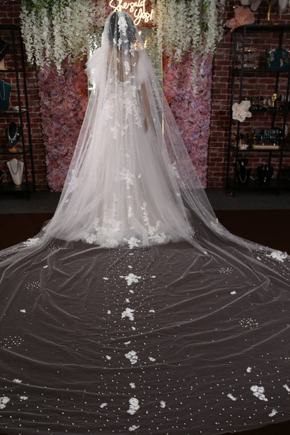 Lace veil pearl veil cathedral veil extra wide pearl veil luxury veil elegant pearl veil ivory veil with 3d flowers