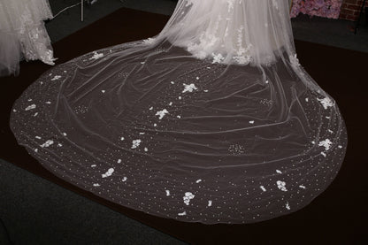 Lace veil pearl veil cathedral veil extra wide pearl veil luxury veil elegant pearl veil ivory veil with 3d flowers