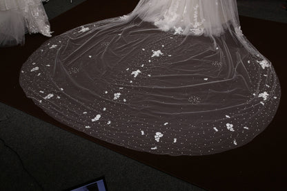 Lace veil pearl veil cathedral veil extra wide pearl veil luxury veil elegant pearl veil ivory veil with 3d flowers