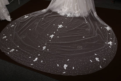 Lace veil pearl veil cathedral veil extra wide pearl veil luxury veil elegant pearl veil ivory veil with 3d flowers