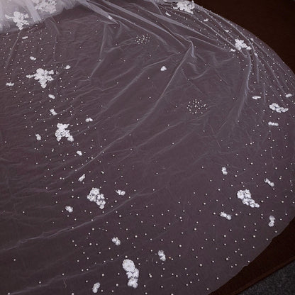 Lace veil pearl veil cathedral veil extra wide pearl veil luxury veil elegant pearl veil ivory veil with 3d flowers