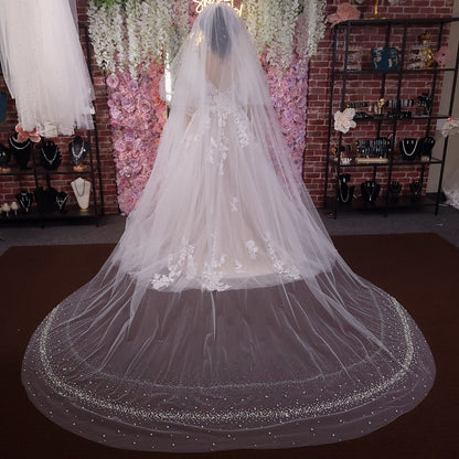 Pearl edged crystal veil cathedral veil with pearls wedding veil ivory pearl veil cathedral pearl edge veil wedding veil with pearls