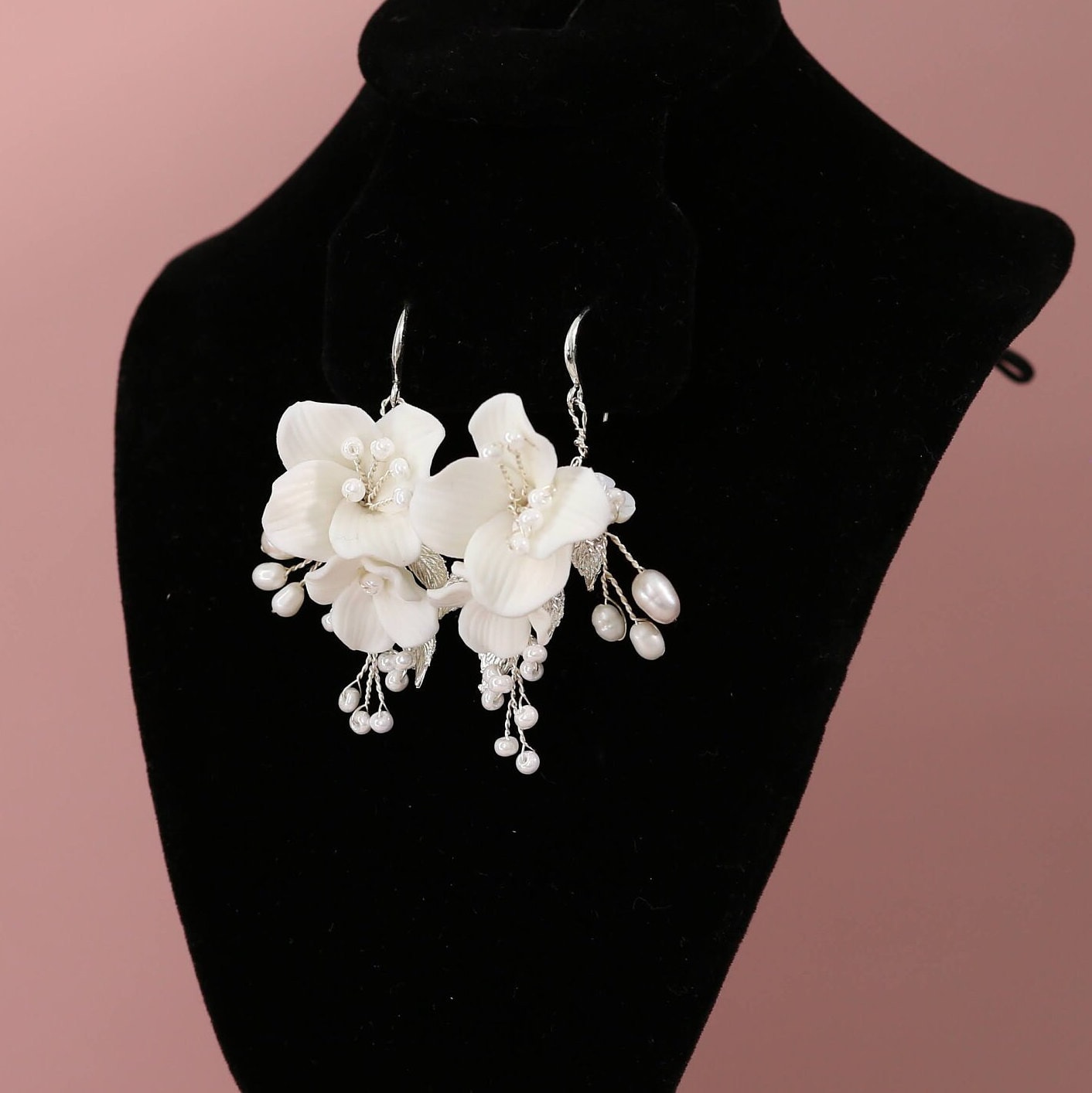 Ceramic flower earrings floral wedding earrings pearl earrings