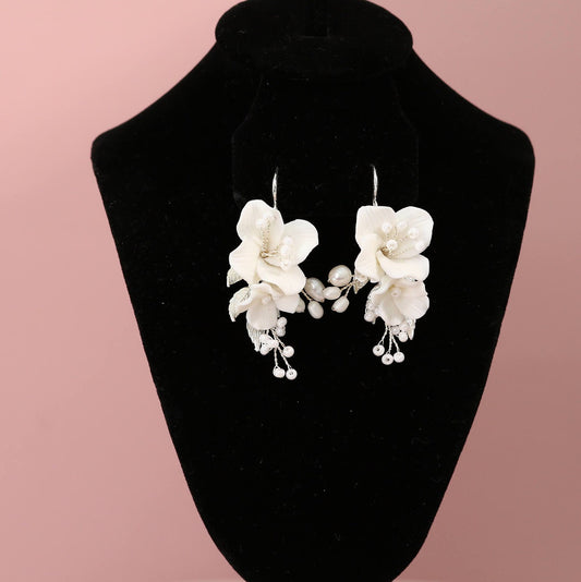 Ceramic flower earrings floral wedding earrings pearl earrings